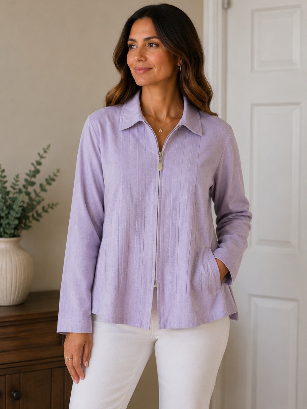 Lemon Grass Studio Women’s Faux Suede Zipper front Blouse Light Purple Size XL